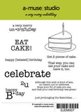 A Very Merry Unbirthday rubber stamp set.  Slice of cake with candle and coordinating belated birthday words and sentiments.