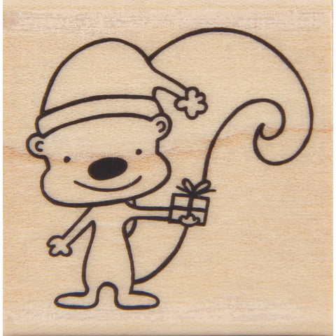 wood stamp - squirrel with gift