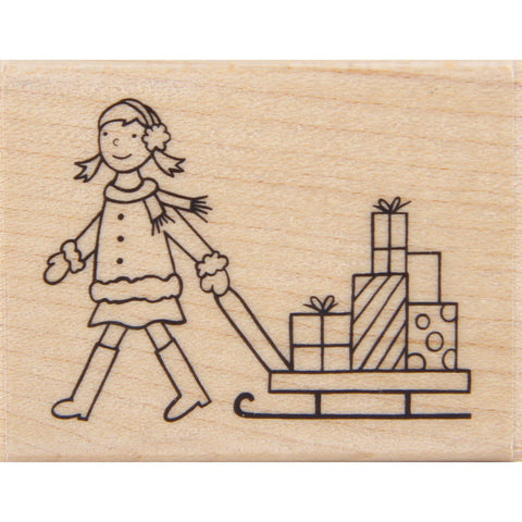 wood stamp - girl with sled